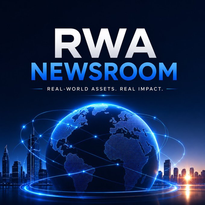 The image features a large globe surrounded by blue lines representing connections between cities or financial markets. The caption above the image reads "Welcome to RWA Newsroom. The tokenization of real-world assets is reshaping global finance. From real estate and private credit to private equity, commodities, and securities, trillions of dollars in assets are moving on-chain." This suggests that the globe represents a worldwide network or financial system where various assets can be interconnected and leveraged for investment purposes. The image also includes text elements such as "RWA Newsroom" and "Real-World Assets", which further emphasize the theme of global finance and asset management.