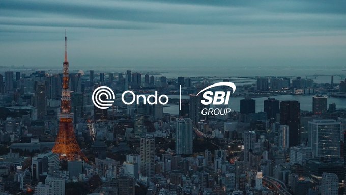 An aerial view of Tokyo at dusk featuring the Tokyo Tower, overlaid with logos for 'Ondo' and 'SBI Group'.