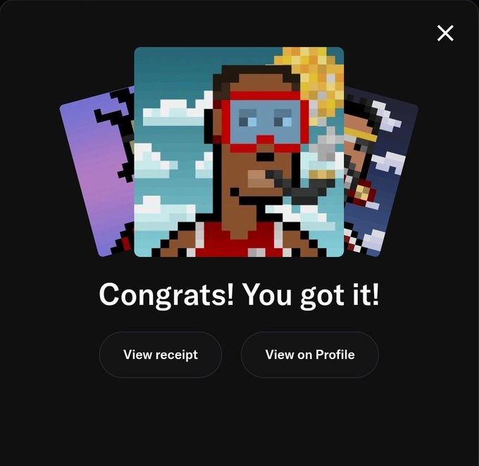 A digital interface showing pixel art character cards with the text 'Congrats! You got it!' along with buttons for 'View receipt' and 'View on Profile'.