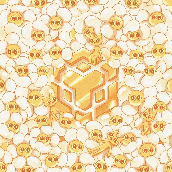 A glowing golden Binance (BNB) logo sits at the center of the illustration, surrounded by cute golden cat characters nestled among clouds of BNB coin icons. The imagery ties directly to the post's "max conviction" BSC ecosystem theme by depicting the Binance coin as the prized centerpiece adored by a community of devoted holders.