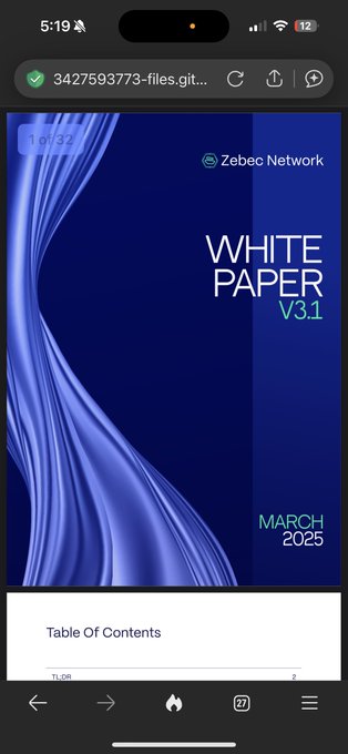Mobile browser screenshot showing the Zebec Network White Paper V3.1 from March 2025, displaying a blue wavy cover design and a 'Table Of Contents' section beginning on page 2.