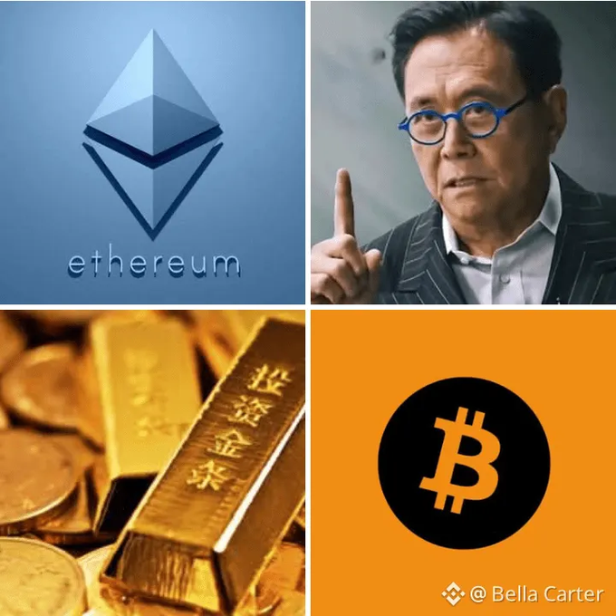 A four-panel collage featuring the Ethereum logo (top left), a man with blue glasses pointing upward (top right), gold bars with Chinese characters meaning 'gold investment bar' (bottom left), and the Bitcoin logo (bottom right), credited to Bella Carter.