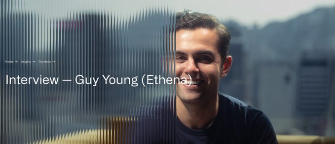 A smiling man is pictured alongside the text "Interview – Guy Young (Ethena)," promoting a CoinShares interview with the Ethena founder, whose ambitious work in crypto is highlighted in the accompanying post.