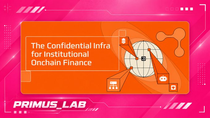 A promotional graphic with an orange and pink color scheme featuring the text 'The Confidential Infra for Institutional Onchain Finance' and the logo 'PRIMUS_LAB' alongside a globe and network icon illustration.