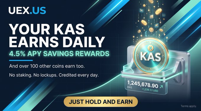 An advertisement for 'UEX.US' promoting '4.5% APY SAVINGS REWARDS' with the tagline 'YOUR KAS EARNS DAILY', featuring a KAS coin graphic and a balance of 1,245,678.90 KAS.