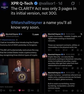 The image shows a tweet by XPR Q-Tech (@valis0r1) highlighting Marshall Hayner's connection to the 2020 CLARITY Act—a now 300-page bill that was initially only 3 pages—alongside screenshots of Hayner's tweets from January 2020 discussing crypto assets and the CLARITY Act. This visually supports the accompanying caption's praise of Hayner as a forward-thinking strategist, referencing his early advocacy around $XPR, $LOAN, $METAL, and digital credit legislation as evidence of his prescient work on cryptocurrency regulation.