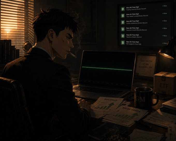 The post is cut off but seems to be building up to a bullish argument about $BTC, with the note that price has been flat for two months despite record-breaking institutional inflows and adoption.

The image shows a young, anime-styled analyst in a dimly lit office, smoking a cigarette and looking intently at a screen displaying a list of "New All-Time High" achievements (Trading Volume Record, Total Value Locked, Active Addresses, Network Growth, Hashrate, 51% Targets). Papers on his desk read "RECORD" and "NEW HIGH," reinforcing the post's theme of unprecedented institutional and network milestones for $BTC despite its sideways price action.

A fitting visual metaphor: the market's surface ($BTC price) looks calm, but underneath the fundamentals are quietly hitting record after record.