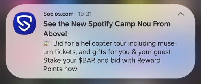 The image shows an email from a company named Socios.com that offers a free helicopter tour of the new Spotify Camp Nou, which includes tickets for $BAAR and gifts for you and your guests. The email also provides information on how to redeem yourself by clicking on the link provided in the message.