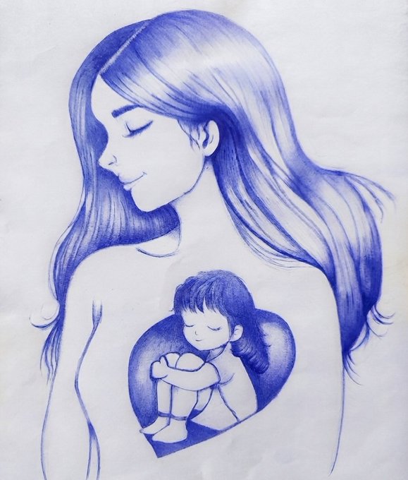 A monochromatic blue ballpoint pen drawing of a smiling woman with closed eyes, featuring a heart shape on her chest that contains an illustration of a sleeping child hugging their knees.