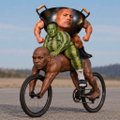 A digital rendering or photo of a baby wearing an oversized green shirt and brown shorts riding a tiny bicycle on a paved road with a blurred outdoor background.