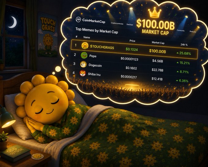 A cartoon sun character sleeping in bed dreams of a CoinMarketCap leaderboard where $TOUCHGRASS ranks #1 with a $100.00B market cap, surpassing Pepe, Dogecoin, and Shiba Inu.