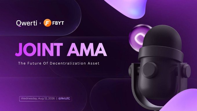 A sleek purple graphic announcing a joint AMA between Qwerti and FBYT (FBYTio) on "The Future of Decentralization Asset," scheduled for Wednesday, August 12 at 6 PM UTC, featuring a 3D microphone illustration alongside the event branding.