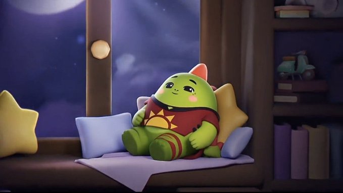 A cute green dinosaur-like character wearing a red shirt with a sun design lounges comfortably on a window seat with star and blue pillows, gazing peacefully at a moonlit night sky. The cozy, dreamy scene visually captures the post's message about Sleepagotchi, where real-world rest quality (symbolized by the character's relaxed nighttime repose) drives the digital dino companion's onchain evolution and growth.
