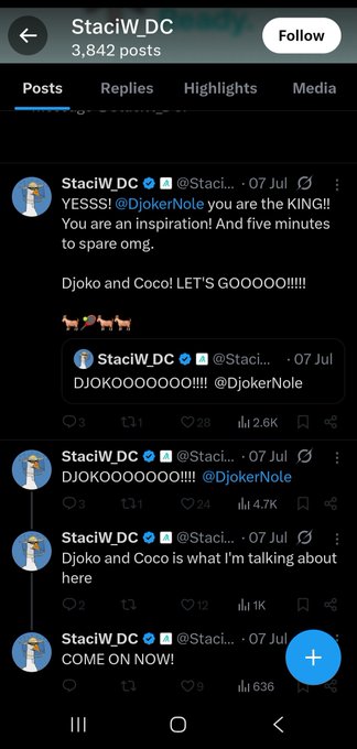 A screenshot of a Twitter (X) profile for 'StaciW_DC' showing posts from July 7th with text including 'YESSS! @DjokerNole you are the KING!!!' and 'Djoko and Coco! LET'S GOOOO!!!!!'