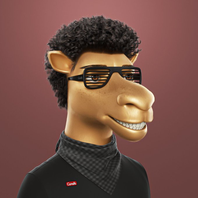 A 3D-rendered cartoon character with a camel's head, curly dark hair, shutter shades, and a wide smile, wearing a black outfit with a 'Carole' name tag.
