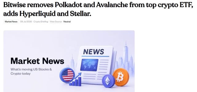 A news headline reading 'Bitwise removes Polkadot and Avalanche from top crypto ETF, adds Hyperliquid and Stellar' dated July 7, 2026, accompanied by a 'Market News' graphic featuring US and crypto symbols.