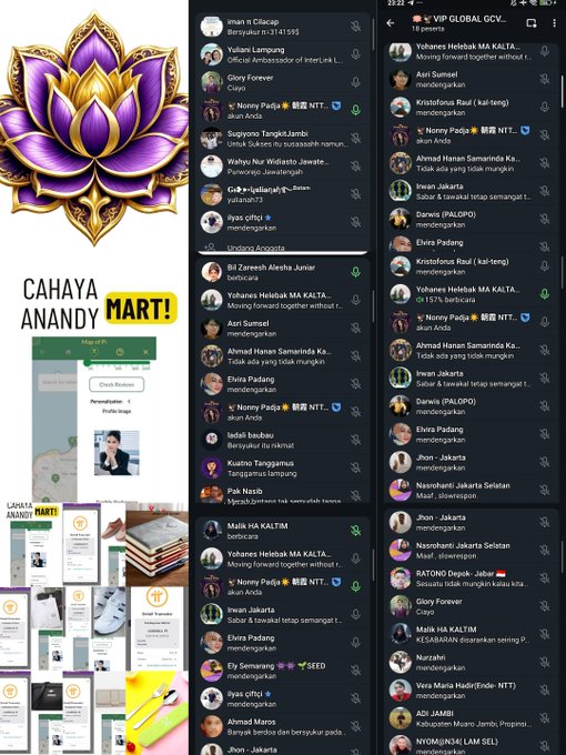 A composite promotional image featuring a purple lotus logo with the text 'CAHAYA ANANDYA MART!', screenshots of a mobile app interface, and two screenshots of Telegram group chats displaying various Indonesian usernames and messages.