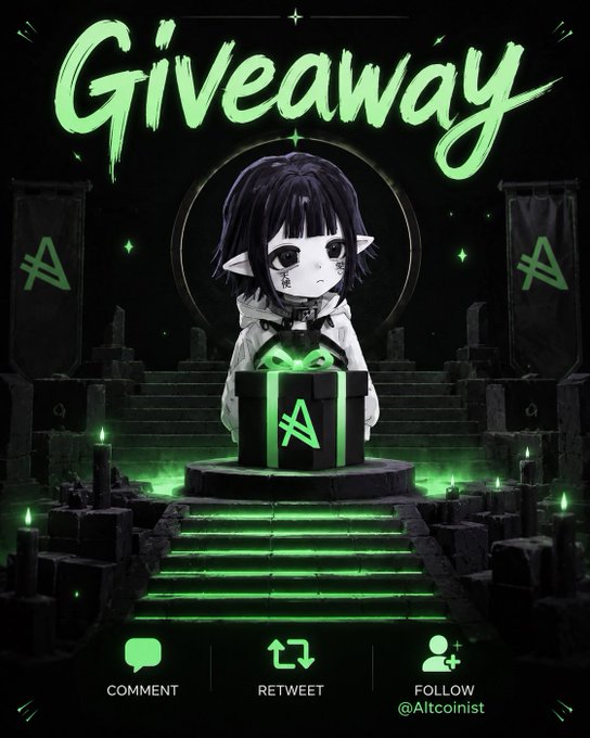 A digital illustration with a neon green and black color scheme showing an anime-style gothic girl behind a glowing green gift box, with 'Giveaway' written at the top and social media buttons at the bottom for '@Altcoinist'.
