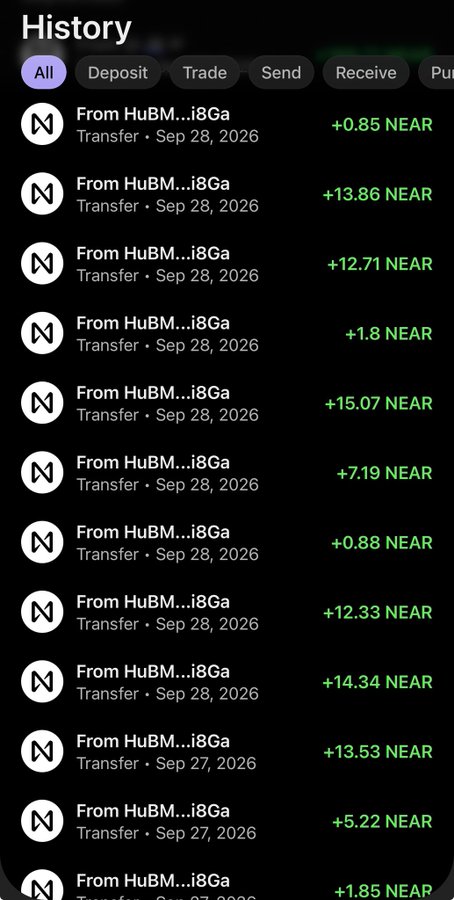 A mobile app history screen showing multiple transfers from 'HuBM...i8Ga' on Sep 27-28, 2026, with each transaction adding various amounts of NEAR cryptocurrency (ranging from +0.85 to +15.07 NEAR).