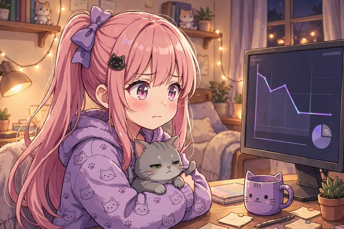 An anime-style illustration shows a pink-haired girl wearing cat-patterned pajamas and holding a gray cat, sitting at a desk with a downward-trending chart displayed on her monitor.