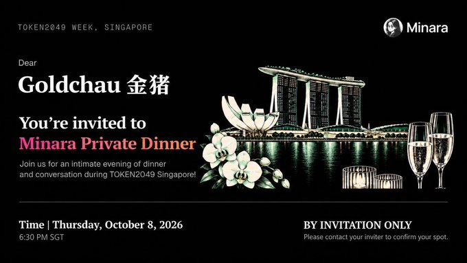 An invitation card reads 'Dear Goldchau 金猪, You're invited to Minara Private Dinner' for TOKEN2049 Week, Singapore on Thursday, October 8, 2026, featuring an illustration of the Marina Bay Sands skyline.