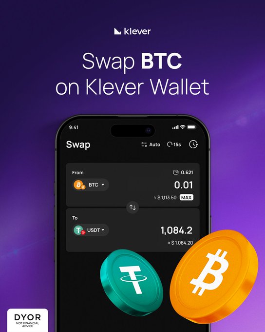 A Klever Wallet advertisement promoting 'Swap BTC on Klever Wallet,' showing a phone screen swapping 0.01 BTC to 1,084.2 USDT, with a 'DYOR' not financial advice label.