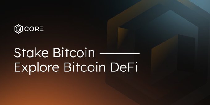 A dark advertisement with 'CORE' logo reading 'Stake Bitcoin — Explore Bitcoin DeFi'.