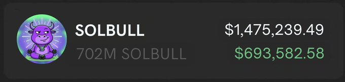 The image shows a dashboard panel for "$SOLBULL" with a purple bull mascot, displaying 702M SOLBULL tokens alongside figures of $1,475,239.49 and $693,582.58 (likely market cap and liquidity in green). It functions as promotional branding supporting the caption's call for users to participate in a SOLBULL airdrop by sharing their Solana wallet addresses.