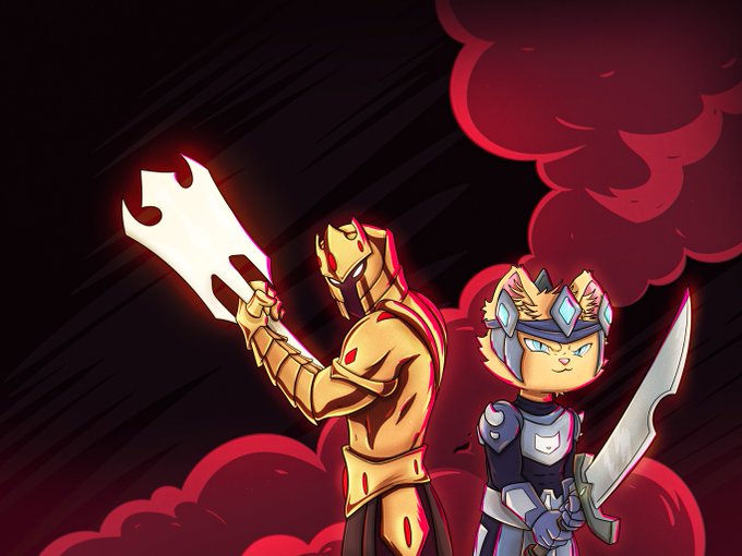 An illustration shows two characters—a tall figure in golden armor holding a glowing white sword and a cat-like warrior in blue armor with a blade—standing against a dark red background with smoke.