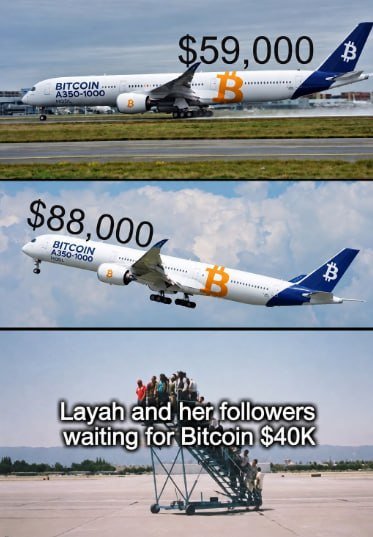 A three-panel meme showing Bitcoin-themed airplanes at $59,000 and $88,000, with the bottom panel showing people on a mobile staircase captioned 'Layah and her followers waiting for Bitcoin $40K'.