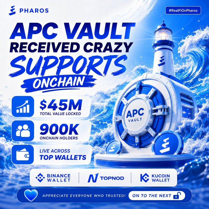 A promotional graphic for PHAROS announcing 'APC VAULT RECEIVED CRAZY SUPPORTS ONCHAIN' with statistics showing $45M total value locked, 900K onchain holders, and support across Binance Wallet, Topnod, and KuCoin Wallet.