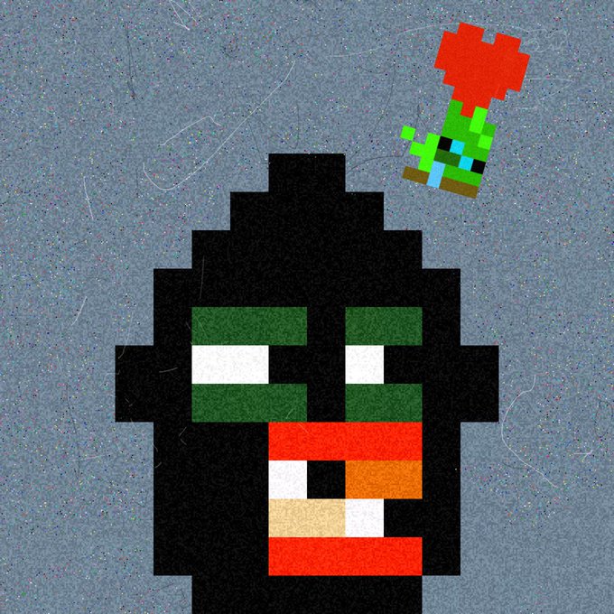 A pixel art illustration features a black ninja-like character with green headbands and a red scarf, with a small green plant character with a red flower head floating in the upper right corner against a gray background.