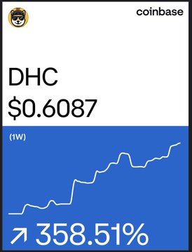 A screenshot from Coinbase showing the price of DHC at $0.6087 with a 1-week increase of 358.51%.