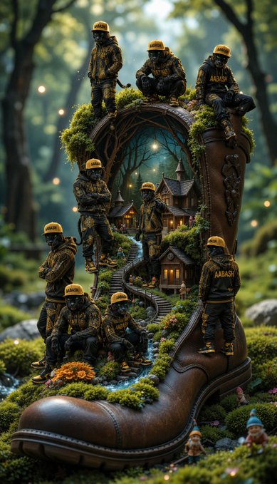 A whimsical fantasy scene shows a giant brown boot transformed into an enchanted village, with moss, tiny houses, winding staircases, and glowing lights, all surrounded by figurines wearing yellow caps labeled "AABASY." The "gm gm lads" greeting pairs with the cheerful, mischievous vibe of the boot-village, as if the cap-wearing characters are sending a good morning from their secret woodland realm.