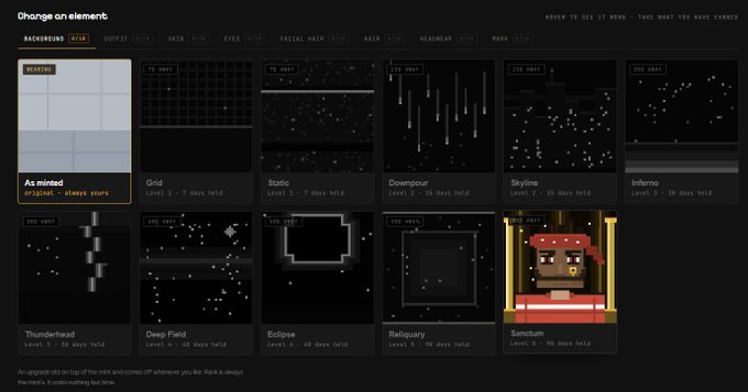 Screenshot of a pixel art character customization app showing a 'Change an element' background selection menu with various retro 8-bit themed options like As minted, Grid, Static, and Inferno.