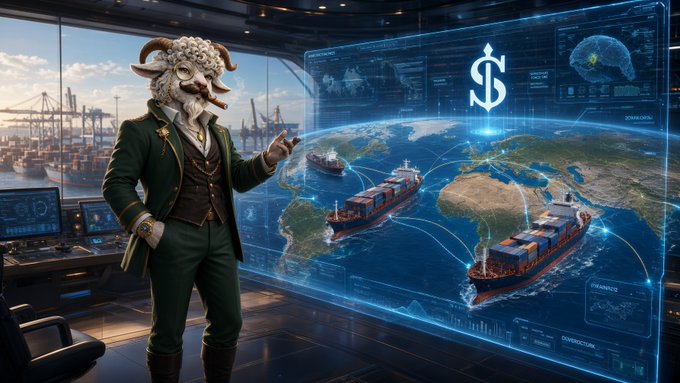 An anthropomorphic sheep in a Victorian-style green suit stands in a modern command center, gesturing toward a massive holographic globe displaying shipping routes, cargo vessels, and financial data with a dollar sign logo.