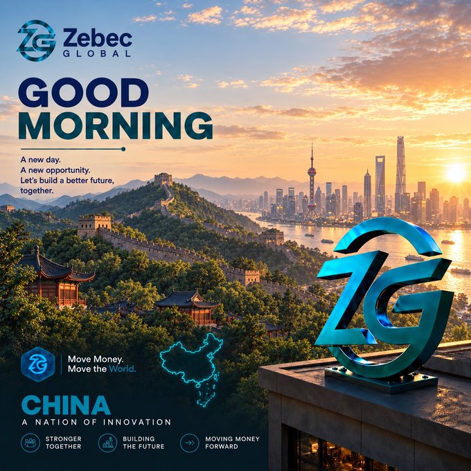 Zebec Global promotional graphic with text 'GOOD MORNING', 'A new day. A new opportunity. Let's build a better future, together.', and 'CHINA - A NATION OF INNOVATION' overlaid on a sunrise view of the Great Wall and Shanghai skyline.