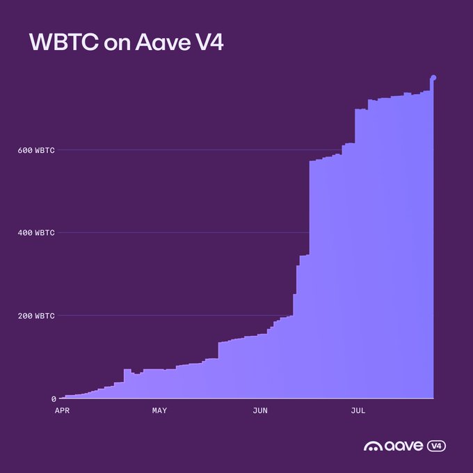 A chart titled 'WBTC on Aave V4' showing a steadily rising purple area graph from 0 to nearly 700 WBTC between April and July, with the Aave V4 logo in the corner.