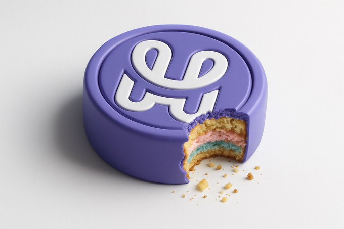 The image features a purple cake with a bite taken out of it, revealing a slice of the cake inside. The cake has a white "b" logo on its top, which appears to be made from frosting or icing. The background is plain white, making the colorful cake stand out even more. The post that accompanies this image reads: 
"Piece of banger by @hgrnds". This suggests that the cake might have been purchased at a bakery and is being shared on social media to promote their products.