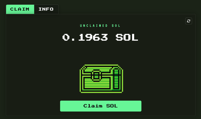 A pixelated green and black interface titled "CLAIM" displays "UNCLAIMED SOL 0.1963 SOL" above a treasure chest icon, with a "Claim SOL" button below, visually supporting the post's claim that users can retrieve leftover SOL tokens via sol-incinerator.com following a Solana update.