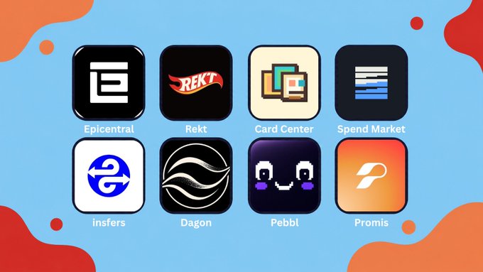 The image features a blue background with six different logos displayed, including logos for apps such as "rekt", "card center", "spend market", "insfers", "dagon", and "promiss". The logos are arranged in two rows of three, creating a visually appealing layout. The text accompanying the logos provides information about each app or platform it represents.