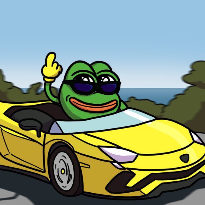 A cartoon illustration shows a green Pepe frog wearing sunglasses and waving from the driver's seat of a yellow Lamborghini convertible.