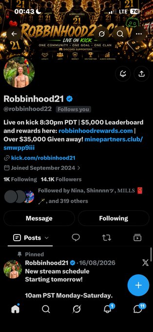 A mobile screenshot of a Twitter/X profile for 'Robbinhood21', showing details like 'Live on kick 8:30pm PDT | $5,000 Leaderboard and rewards here: robbinhoodrewards.com | Over $35,000 Given away!', 'Joined September 2024', and '1K Following 14.1K Followers'.