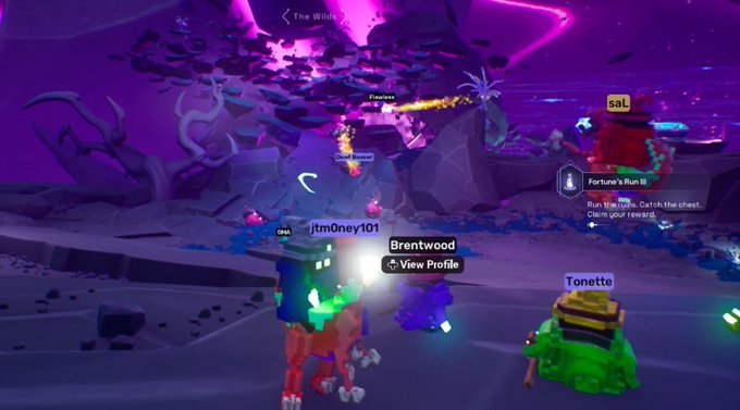 A screenshot of a video game showing blocky avatars in a purple-lit fantasy environment, with usernames 'Itm0ney101', 'Brentwood', and 'Tonette' visible above characters.