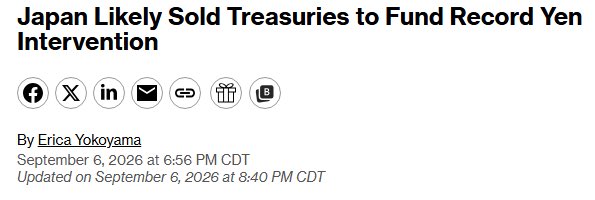 The image is a news headline from Bloomberg dated September 6, 2026, titled "Japan Likely Sold Treasuries to Fund Record Yen Intervention," written by Erica Yokoyama.

In relation to the post suggesting a quick XRP price movement, this headline suggests Japan may have liquidated U.S. Treasuries to intervene in currency markets, which could impact global liquidity and potentially trigger volatility in assets like XRP.