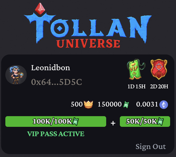 A 'TOLLAN UNIVERSE' profile screen shows the user 'Leonidbon' with various stats and currencies including 500 coins and 150000 green tokens, with a 'VIP PASS ACTIVE' banner.