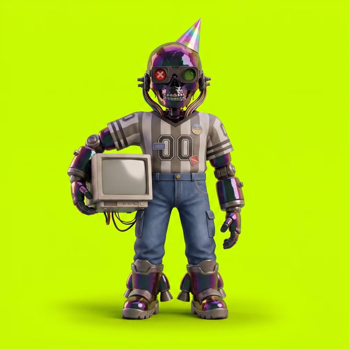 A 3D-rendered metallic purple robot character wearing a striped jersey with '00', blue jeans, a party hat, and holding a vintage computer monitor against a bright green background.