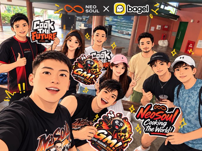 A vibrant promotional image for a "NeoSoul x bagel" collaboration titled "Cook The Future" features illustrated versions of people posing enthusiastically with "GMI! NeoSoul Cooking The World" graphics.