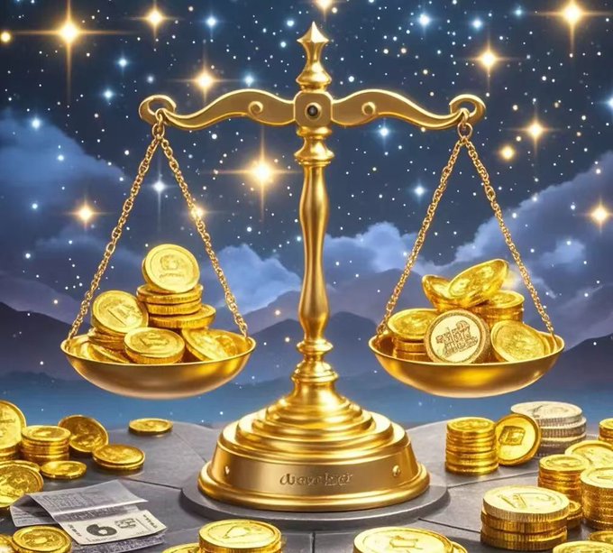A golden scale balancing piles of gold coins against a starry night sky background, with additional coins and currency scattered on the surface below.