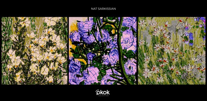 A triptych of floral paintings in an impressionist style with white, purple, and mixed-color flowers, titled 'NAT SARKISSIAN' at the top with the 'pkok' logo at the bottom.
